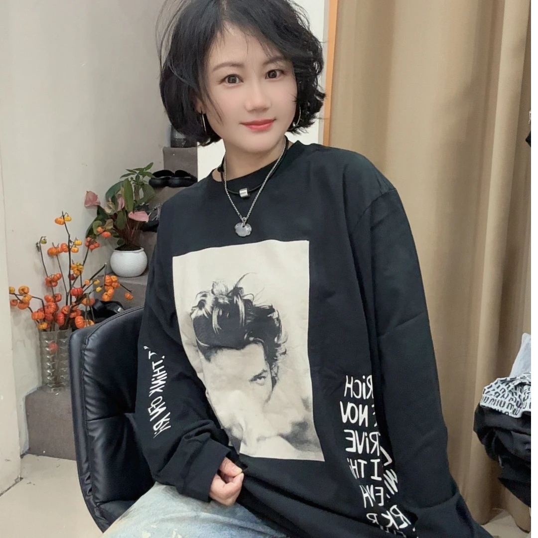 【摩姐姐欧韩】246953新款百搭字母无感长袖大版T