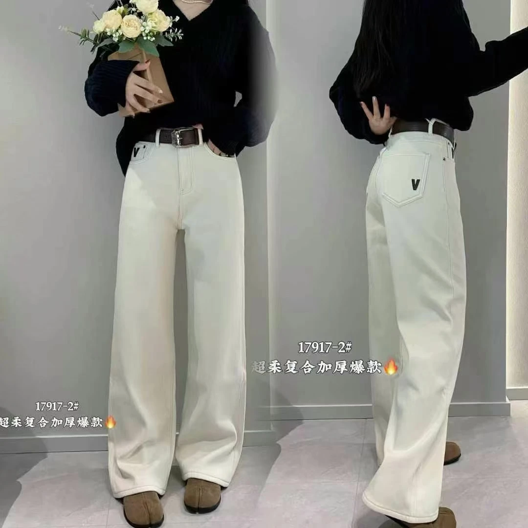 【摩姐姐欧韩】03139加绒加厚刺绣V口袋直筒牛仔裤