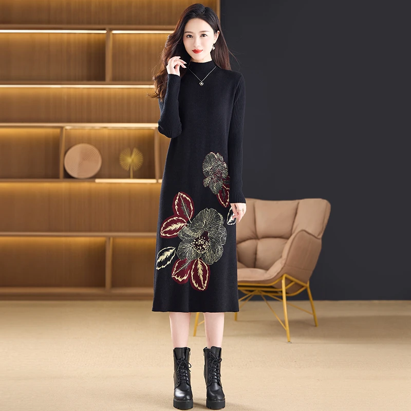 2601 气质提花针织连衣裙女2024秋季新款宽松遮肉显瘦长款毛衣裙