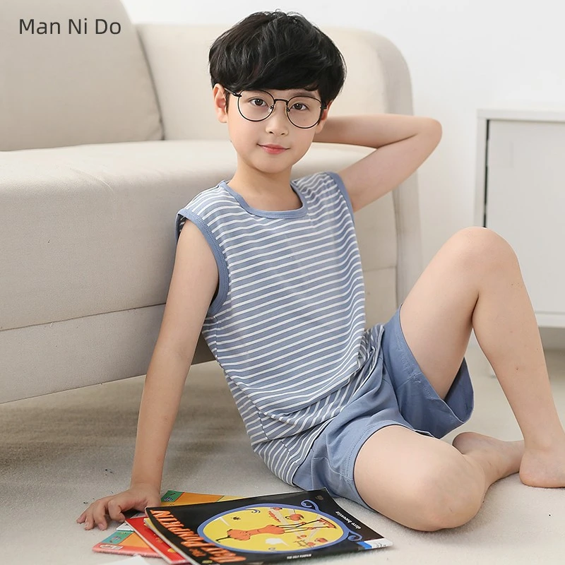 男童睡衣夏季薄款儿童男孩全棉中大童夏天背心纯棉家居空调服套装
