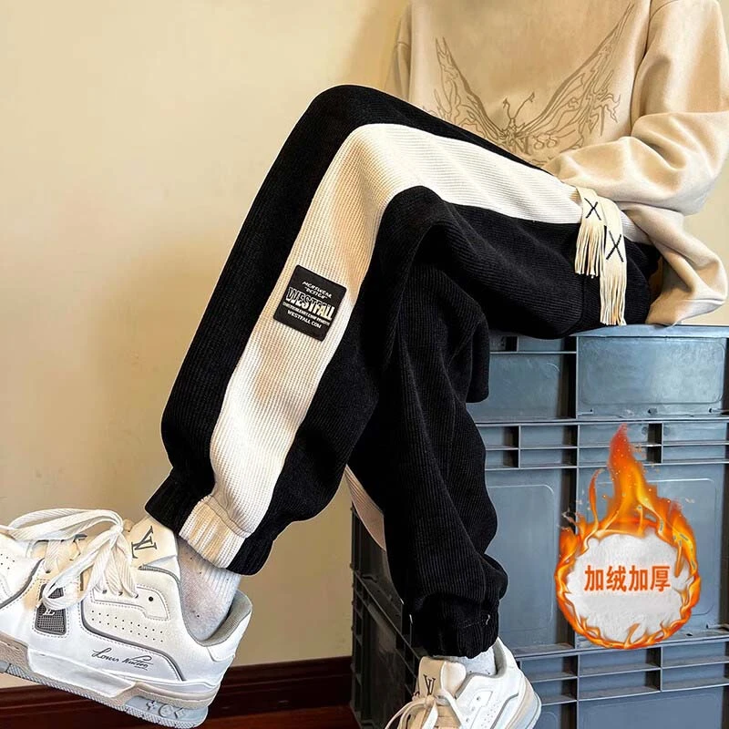 引创运动卫裤男2025新款秋冬加绒加厚束脚休闲裤宽松百搭大码裤子