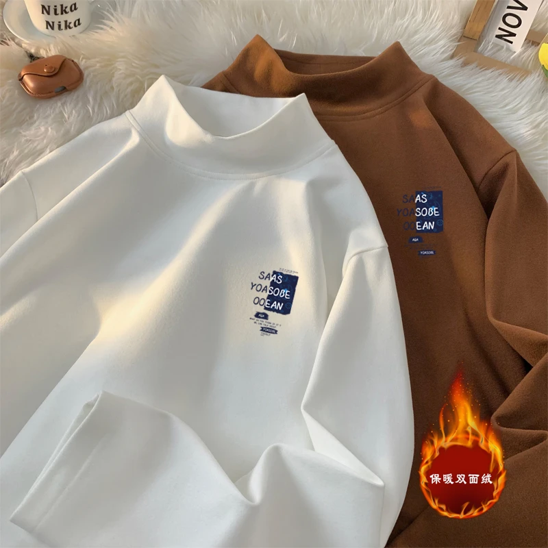 引创双面绒半高领长袖T恤衫2025新款秋冬青少年宽松保暖内搭上衣