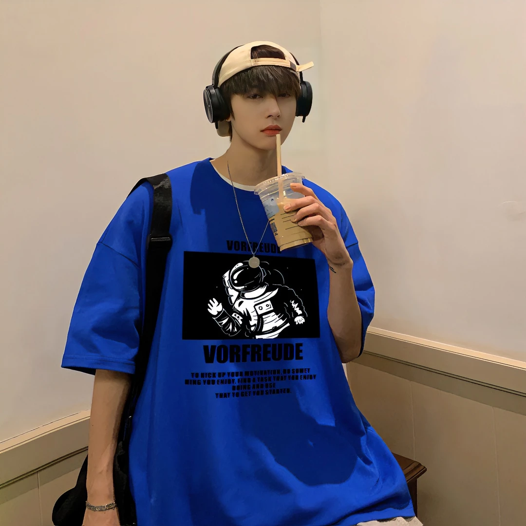 克莱茵蓝短袖t恤男夏季港风ins潮牌卡通纯棉上衣服大码宽松半袖