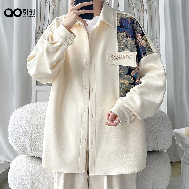 引创休闲男外套秋季2025年新款潮流百搭字母刺绣大码港风长袖衬衫