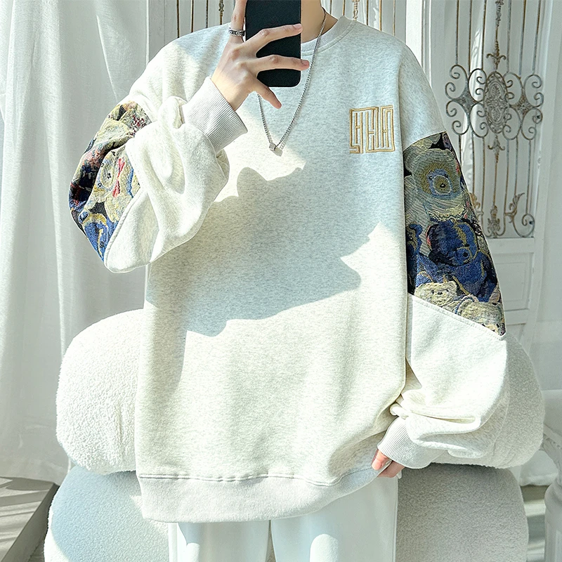 长袖卫衣男士新中式国潮刺绣外套大码秋冬无帽圆领内搭休闲上衣