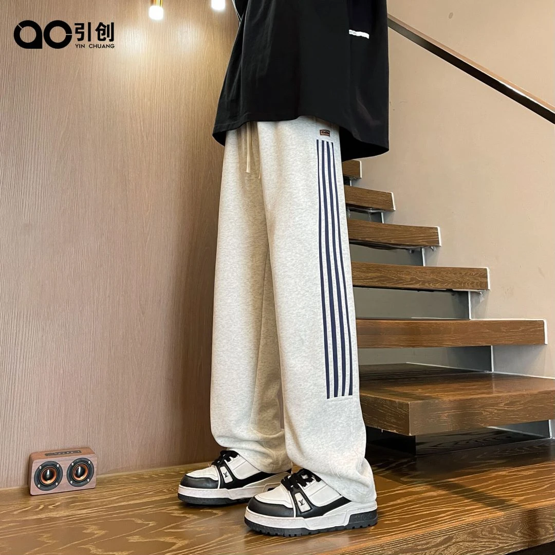 引创休闲裤男2025秋季港风阔腿宽松大码裤子男春秋垂感运动长裤