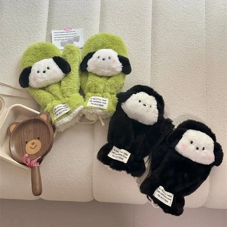 冬季新款手套保暖毛绒绒加厚学生骑行可爱小狗防寒手套女生可挂脖