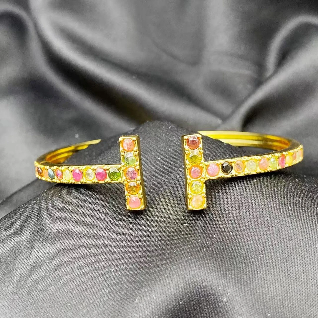 彩虹碧玺满钻轻奢梯形开口手镯C1392