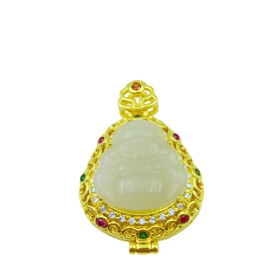 和田玉镂空大肚佛公香囊吊坠Y1640（不含链）赠包装合金