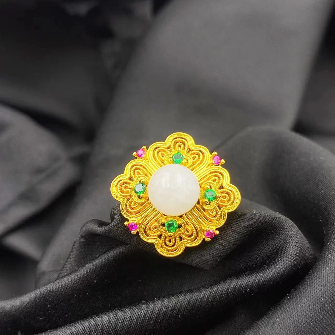 和田玉极光白国风菱形戒指Y993-赠包装合金