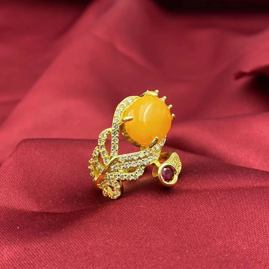 蜜蜡满钻羽毛戒指A202-赠包装合金