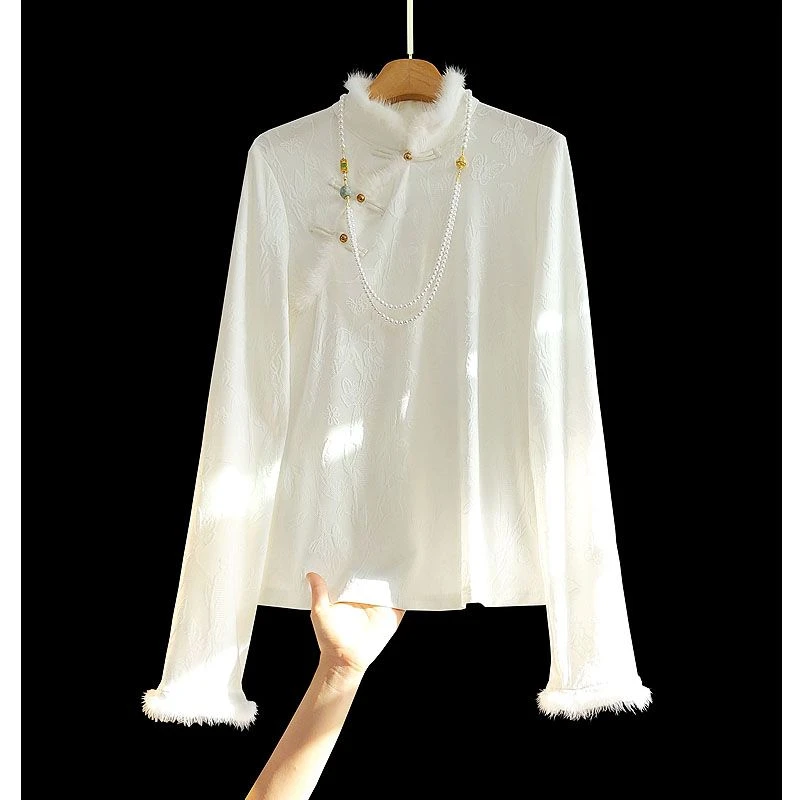 深圳南油2024秋冬新款国风上衣水貂毛新中式打底衫纯色上衣百搭女