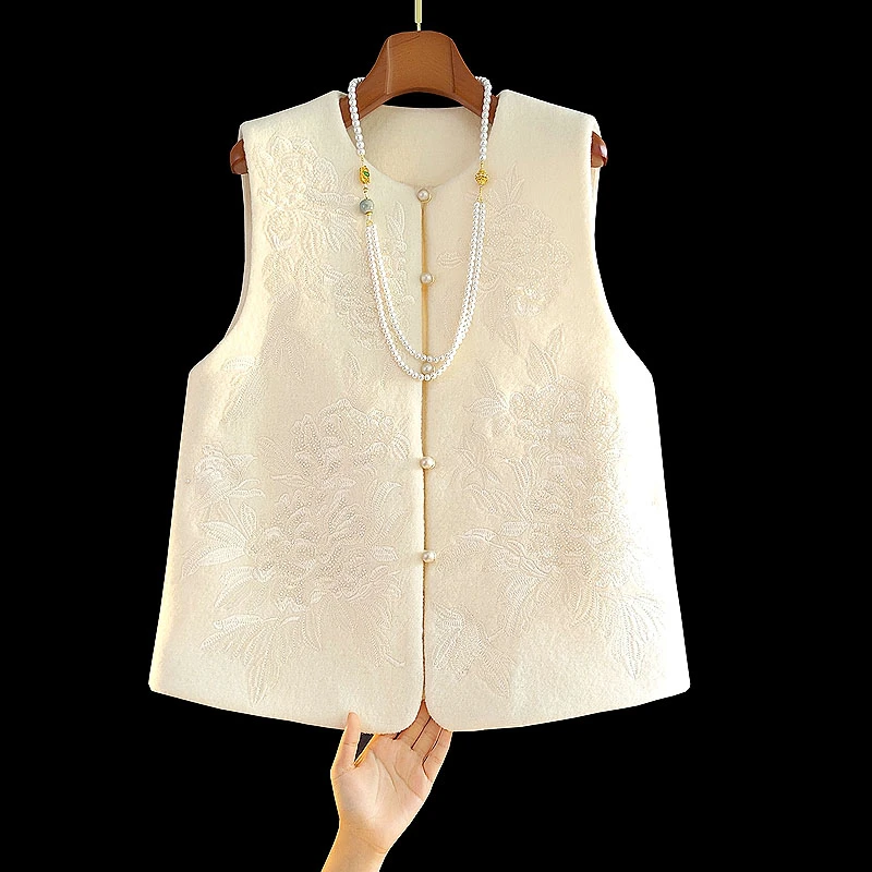 2025新款秋冬羊毛马夹重工刺绣新中式钉珠羊毛马甲国风百搭上衣女