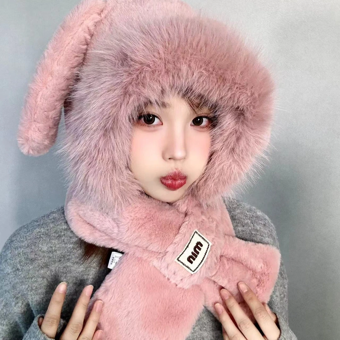 兔耳朵帽子女秋冬季韩版可爱护耳围脖一体保暖防寒冬天加绒包头帽