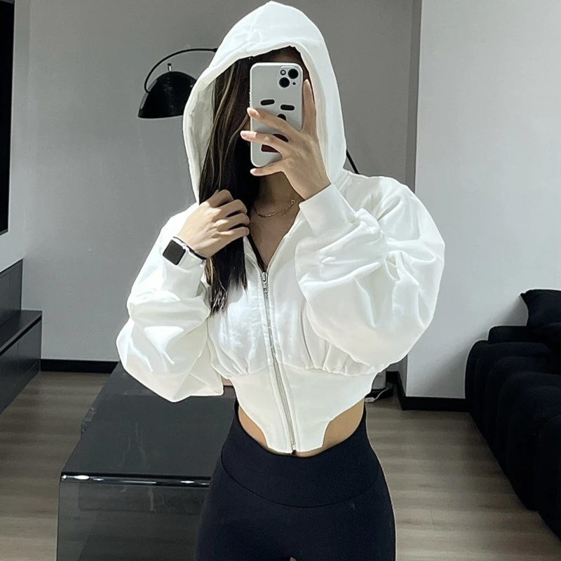 晓丽家-短款不规则辣妹加绒连帽卫衣外套