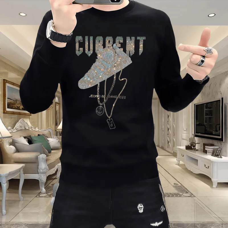 欧洲站男士新款烫钻长袖时尚潮流秋冬轻奢休闲修身圆领卫衣打底衫