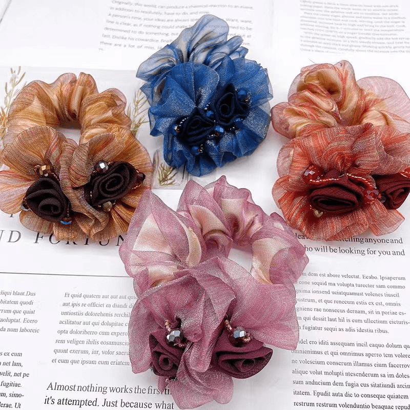 新款丝带山茶花大肠发圈气质扎马尾皮筋发绳高级感头绳盘发专用