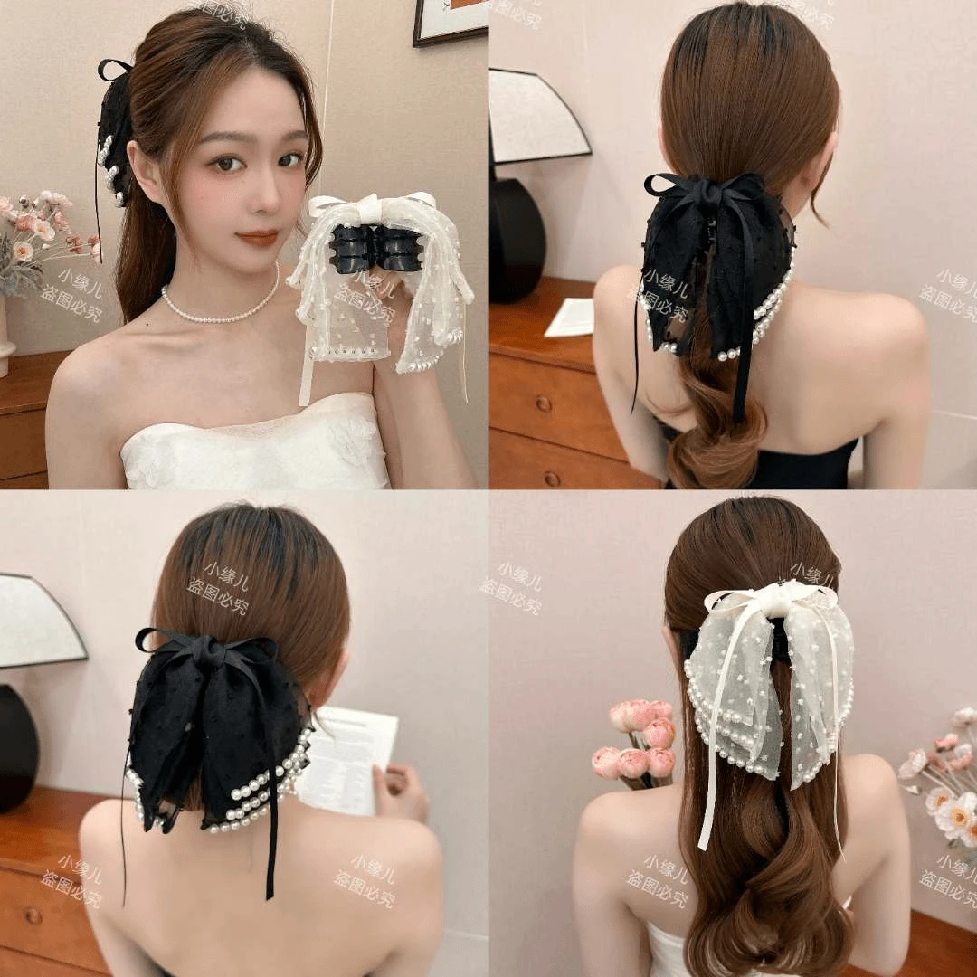 超仙小香风抓夹女2024新款复古珠珠多层蝴蝶结小抓夹后脑勺鲨鱼夹