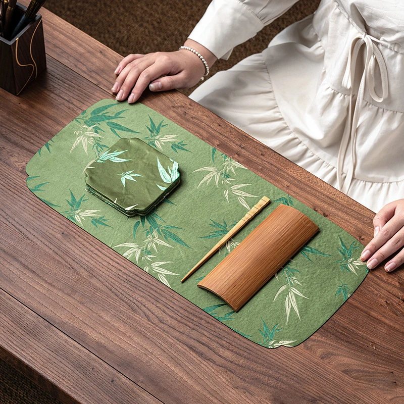 织锦刺绣竹子绿色小茶席防水双面干泡席长方桌旗布艺禅意茶道配件