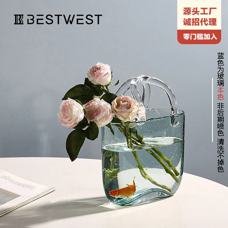 浅蓝包包创意北欧ins风水培包包花瓶 客厅家居透明玻璃鱼缸摆件