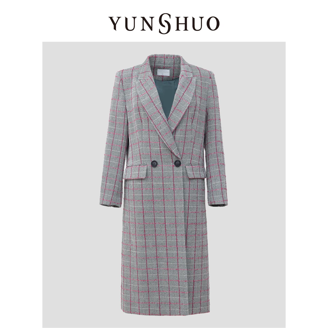YUNSHUO允硕秋冬新品时尚百搭气质中长大衣格子毛呢外套女499128