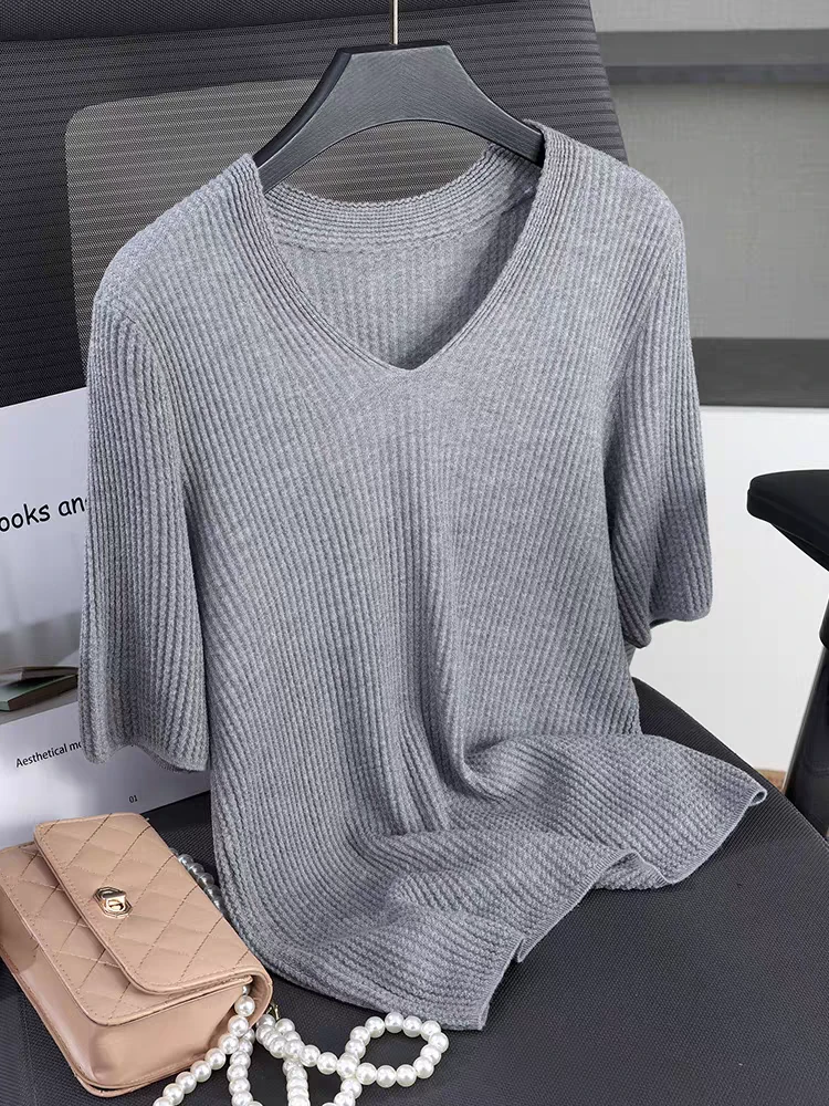 重磅新款桑蚕丝V领羊毛短袖精纺薄款打底衫显瘦