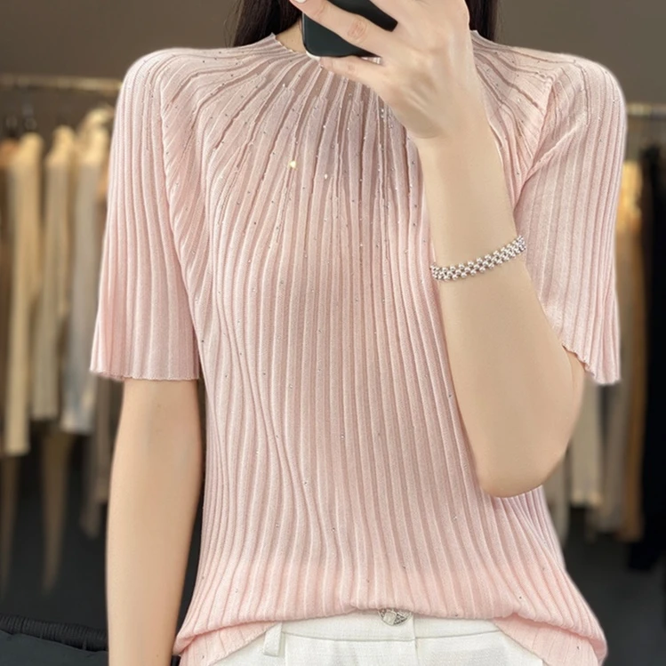 2346-16G夏新款带钻圆领伞花烫钻五分袖～针织衫T恤气质减龄百搭