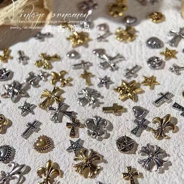 复古网红朋克风十字架六芒星爱心饰品混装合金克罗心美甲美甲饰品