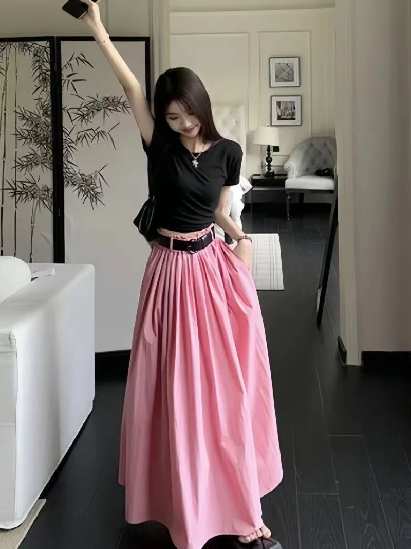 2024新夏气质高腰显瘦半身裙遮胯百褶A字裙正肩显瘦半袖两件套