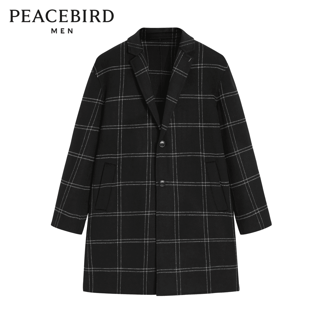 PEACEBIRD/太平鸟秋冬韩版中长款经典修身格纹毛呢大衣B1AAB4204