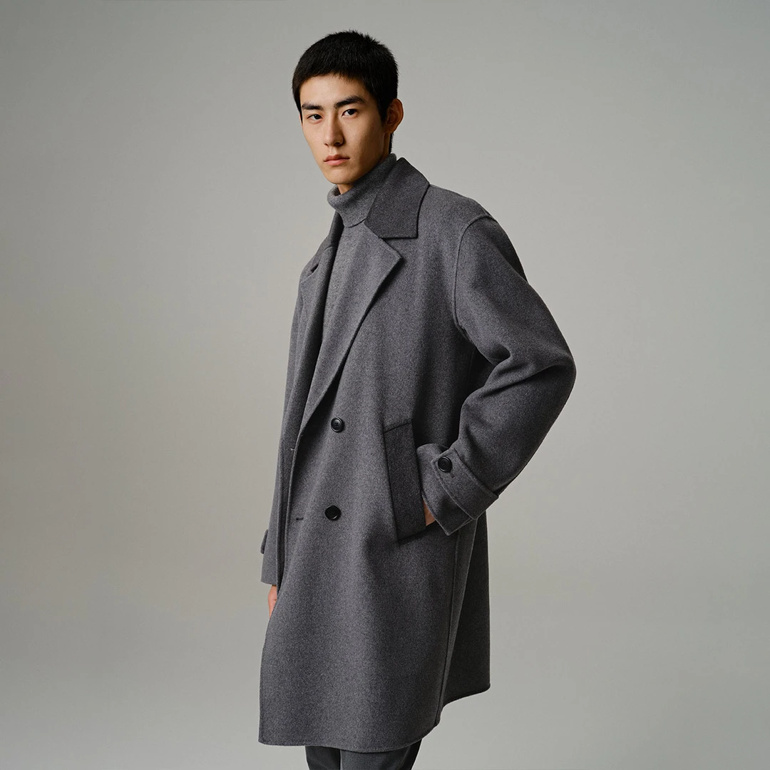 【格雷系】太平鸟男装冬季新款中长款毛呢双面呢大衣男款B1AAC4405