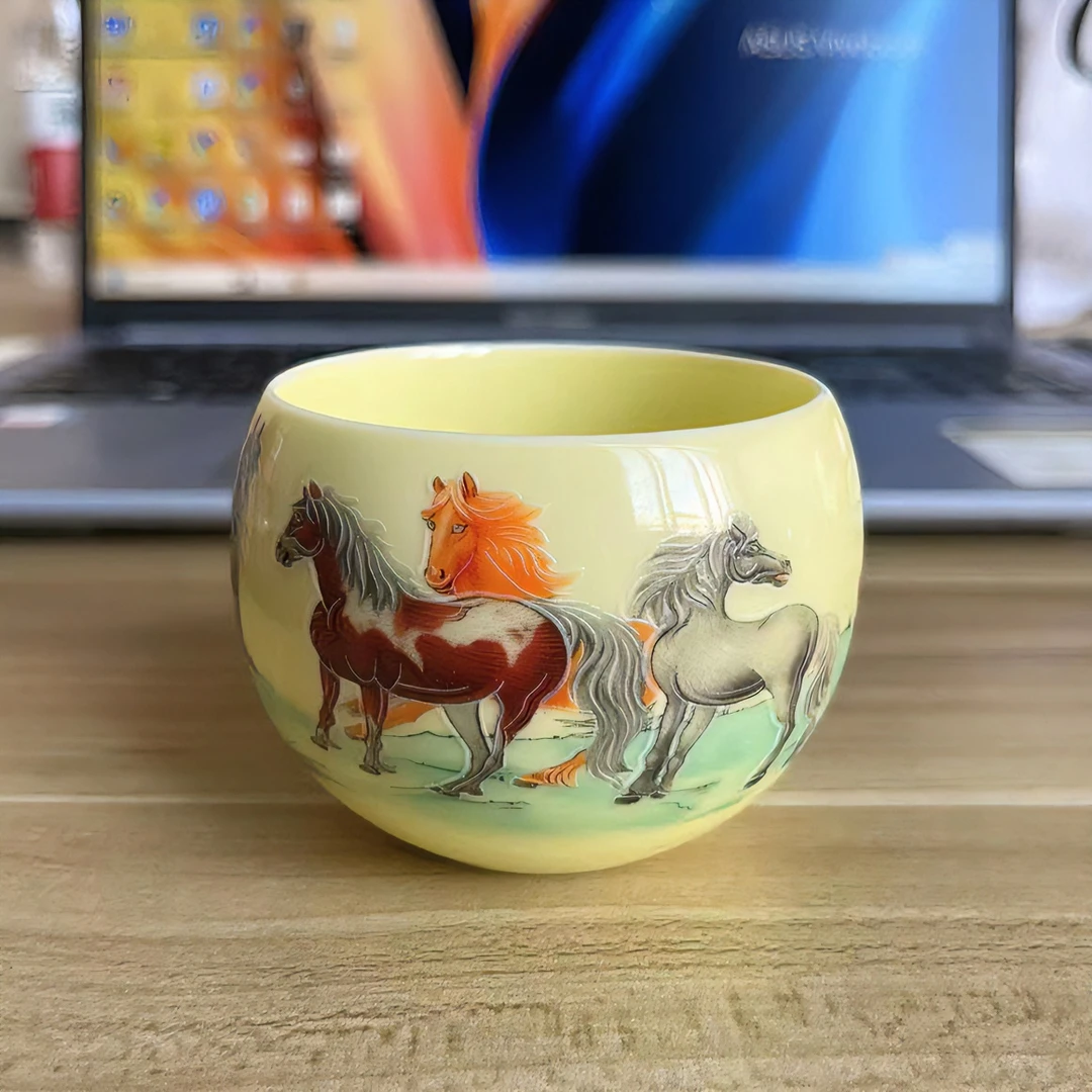 八骏马黄色龙蛋杯陶瓷品茗茶具