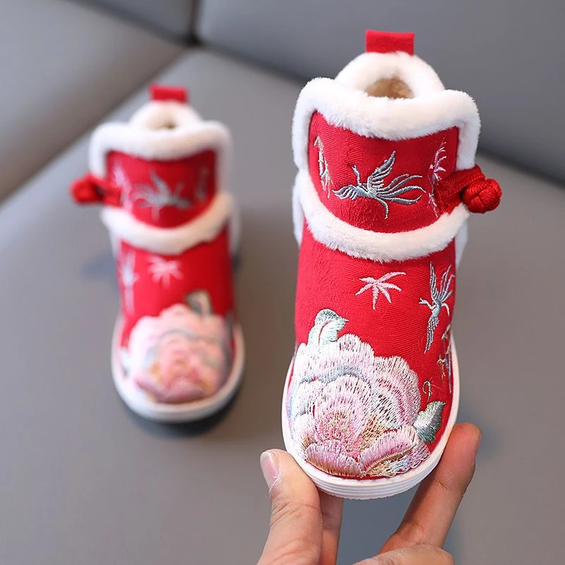 汉服鞋女童绣花鞋新年儿童布鞋加绒中国风民族古风古装手工棉鞋J