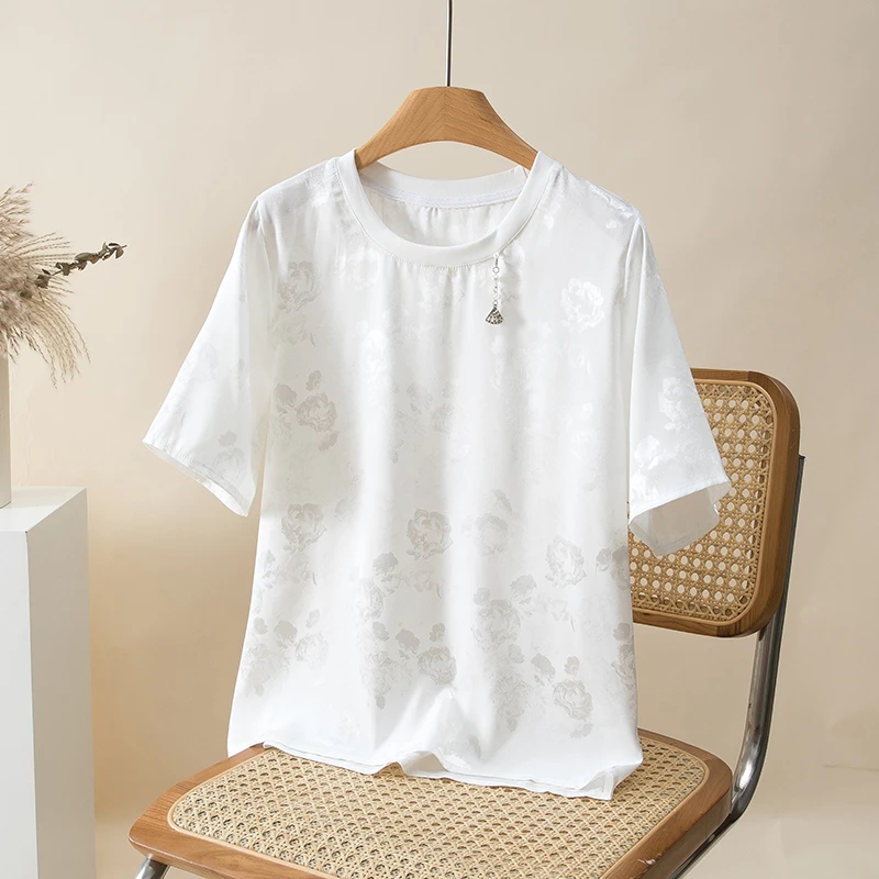 女装大码T恤短袖夏季宽松圆领半袖中式百搭白色微胖t恤休闲