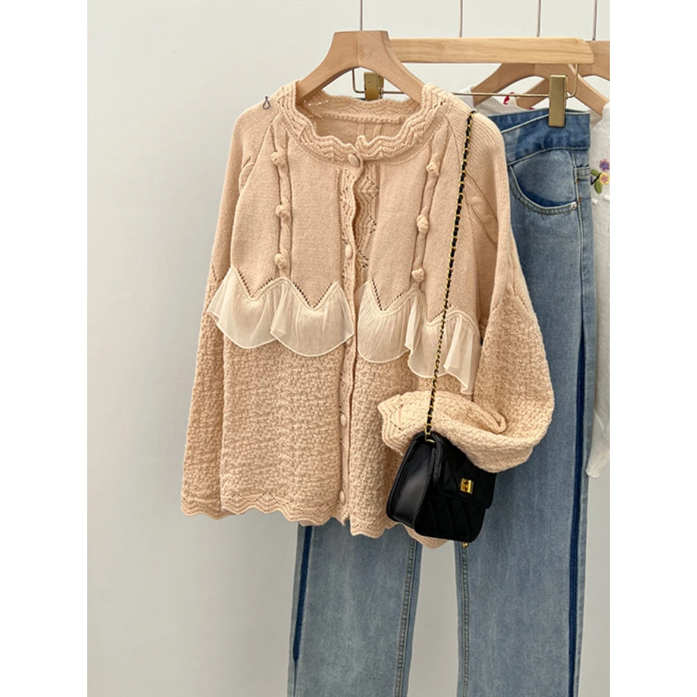 春季新款甜美荷叶边拼接针织上衣女慵懒宽松显瘦时尚百搭开衫毛衣