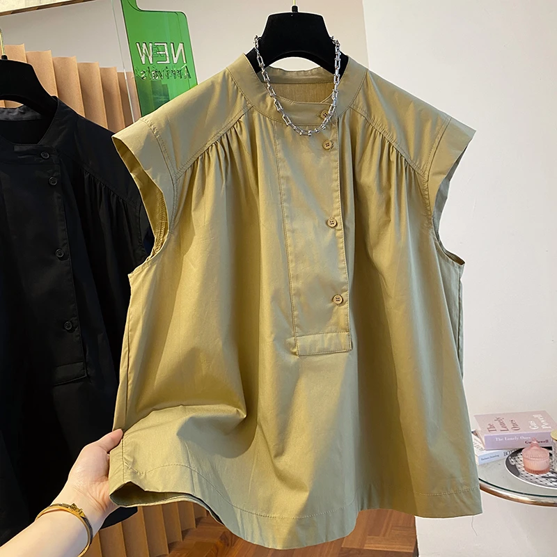 胖MM大码宽松设计感褶皱无袖衬衫上衣女舒适夏季新款圆领气质衬衣