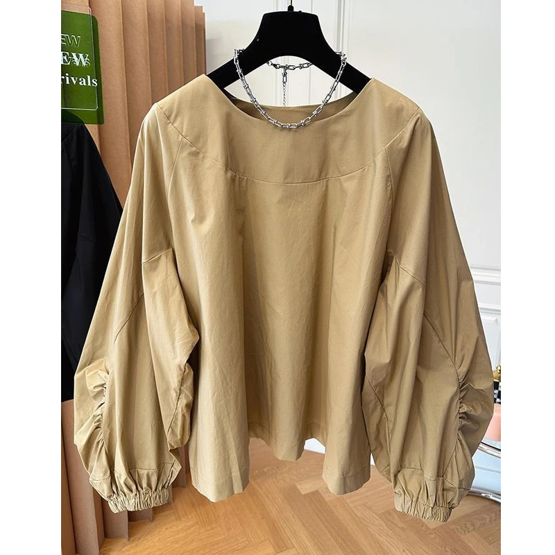 韩系圆领灯笼袖衬衫上衣女装大版设计感褶皱减龄小衫百搭大码宽松
