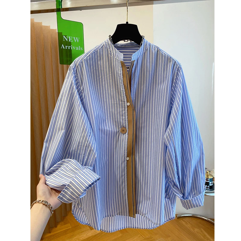 设计感立领蓝色条纹衬衫上衣女大版春秋新款慵懒风百搭大码小衫潮