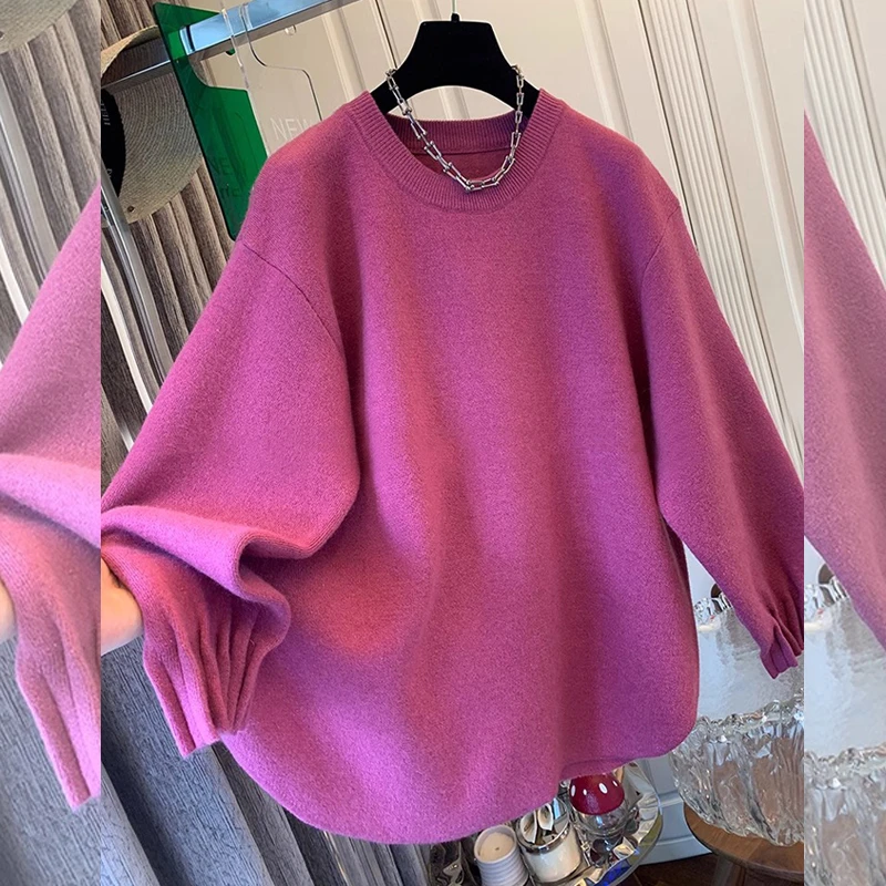 高级感慵懒风袖口褶皱圆领针织套头毛衣女大码遮肚显瘦保暖上衣潮