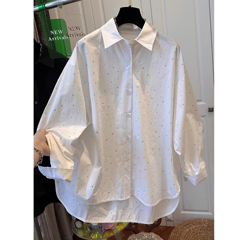 韩系法式设计感满钻长袖衬衫上衣女大版春秋新款休闲百搭小衫潮流