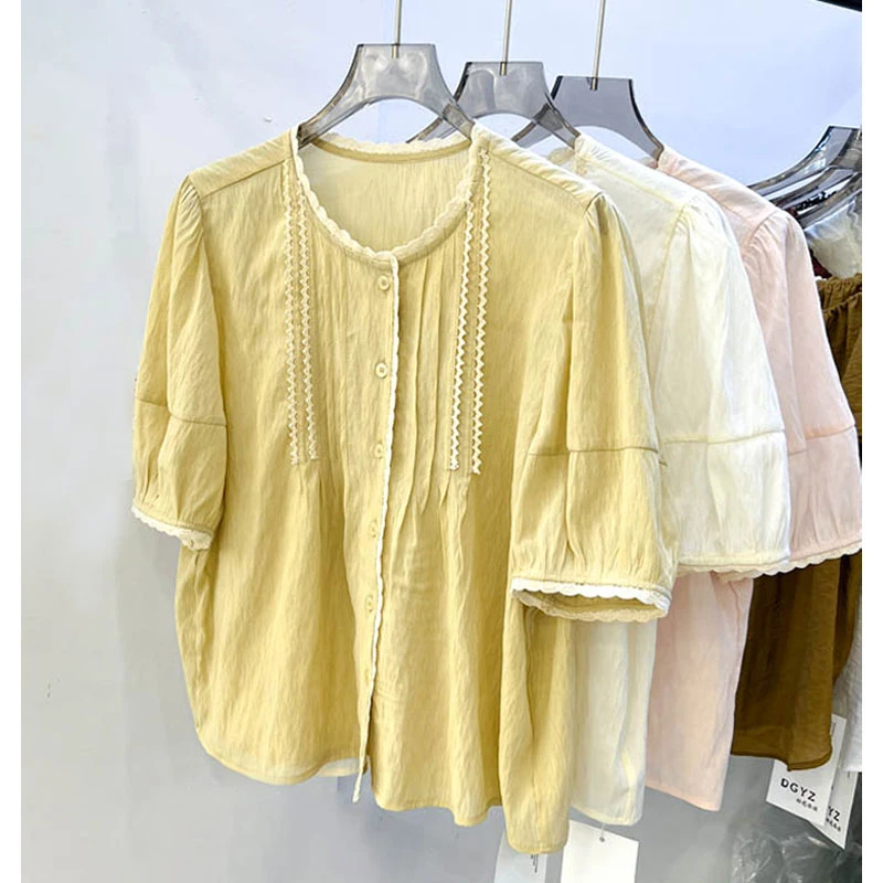 高级感韩版新款蕾丝边短袖衬衫上衣女舒适夏季宽松大码衬衣文艺潮