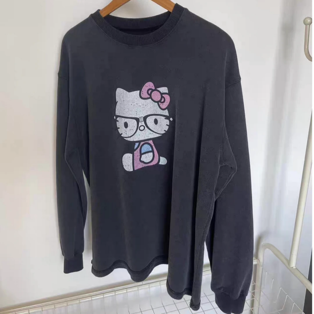 喜家外贸-韩东大门水洗复古KT猫宽松圆领卫衣