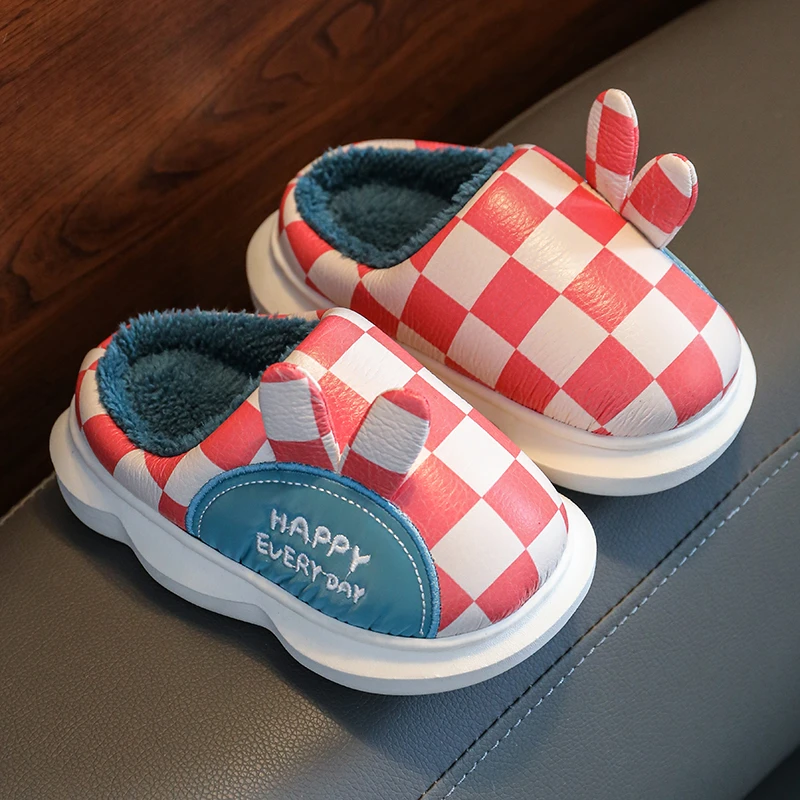 儿童棉拖鞋pu防水卡通保暖冬季加厚防滑软底男女中小宝宝小格子