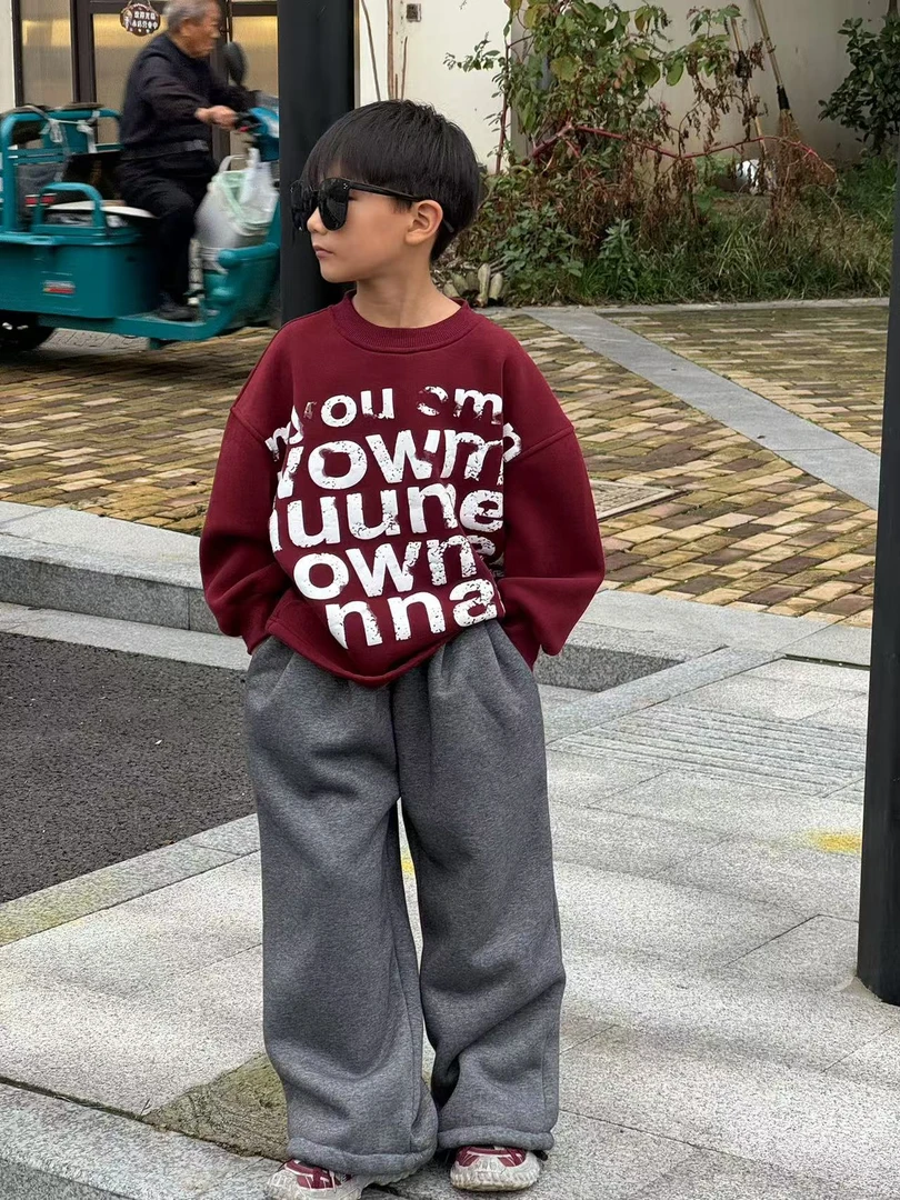 (加厚）冬季儿童加绒加厚字母卫衣宽松百搭中大童保暖印花韩版复古