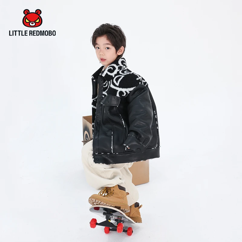 【魔霸眼睛】卡通潮酷毛毛拼接冬季洋气童装皮衣外套 DY-MB270