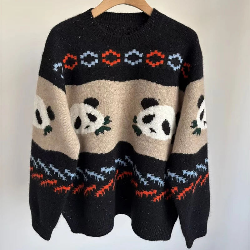 女款圆领熊猫提花厚款羊绒衫潮牌时尚秋冬羊绒衫