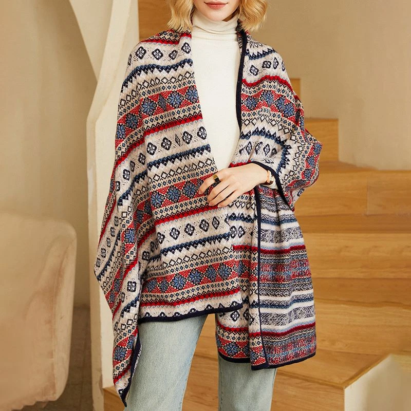 纯山羊绒女士披肩提花针织羊绒盖毯