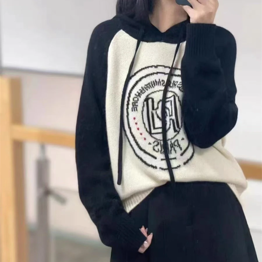 女款纯山羊绒帽衫潮牌时尚休闲提花羊绒衫