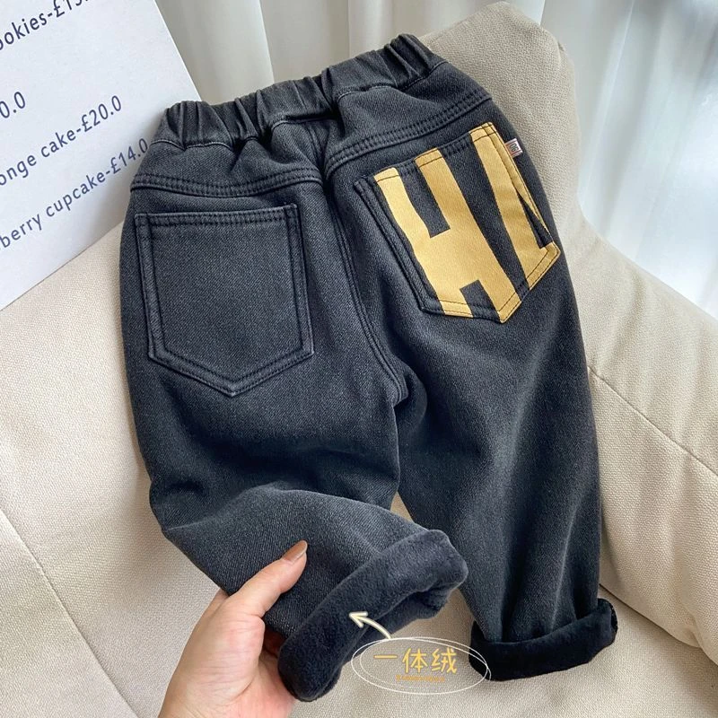 童装一体绒牛仔裤儿童加绒裤子2023款冬装男童宽松长裤弹力中厚款