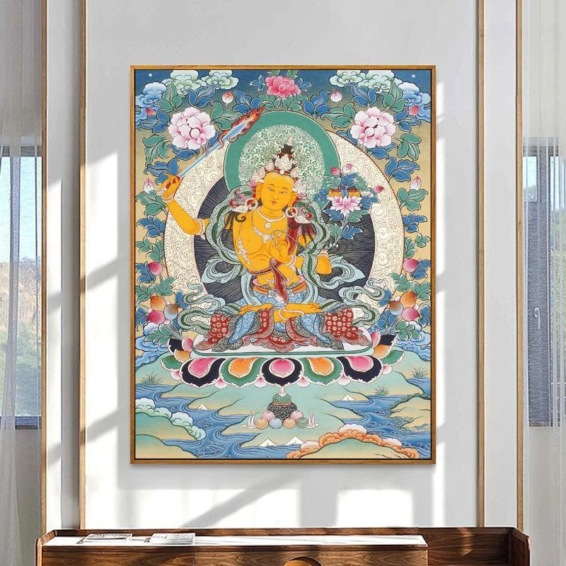 民族风文殊菩萨唐卡挂画客厅玄关藏族佛像轻奢艺术微喷色彩壁画